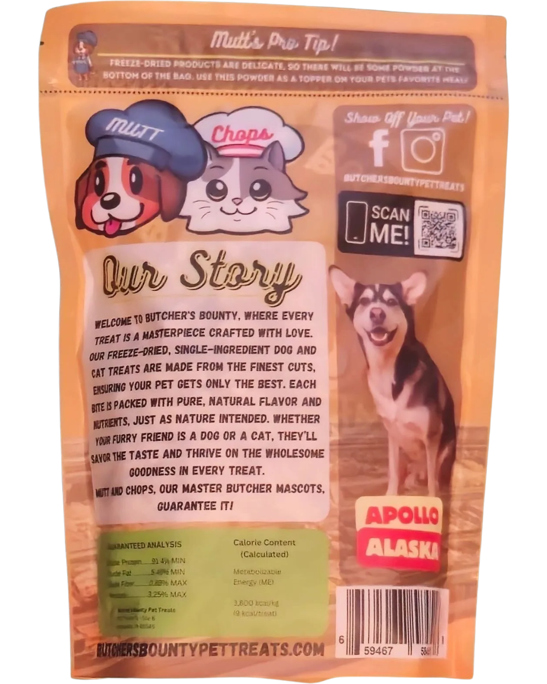 Ingredients and nutritional info for freeze-dried chicken breast pet treats – 100% chicken, no additives