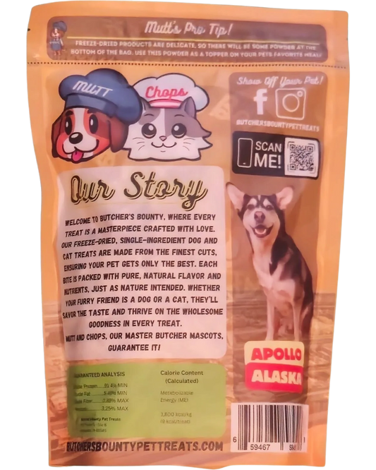 Ingredients and nutritional info for freeze-dried chicken breast pet treats – 100% chicken, no additives