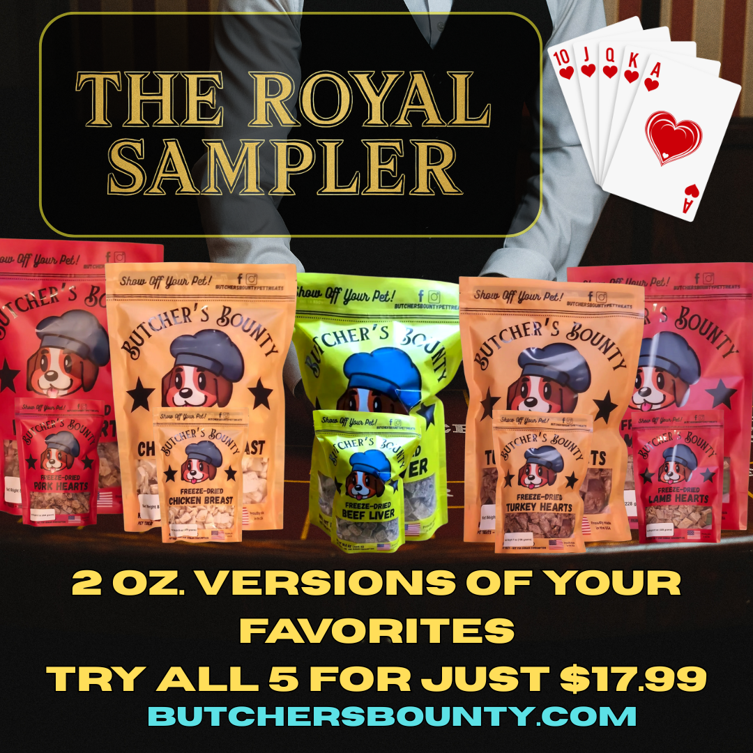 Five colorful Butcher’s Bounty treat bags—Beef Liver, Chicken Breast, Turkey Heart, Pork Heart, and Lamb Heart—arranged on a blue background with bold text promoting The Royal Sampler for $17.99