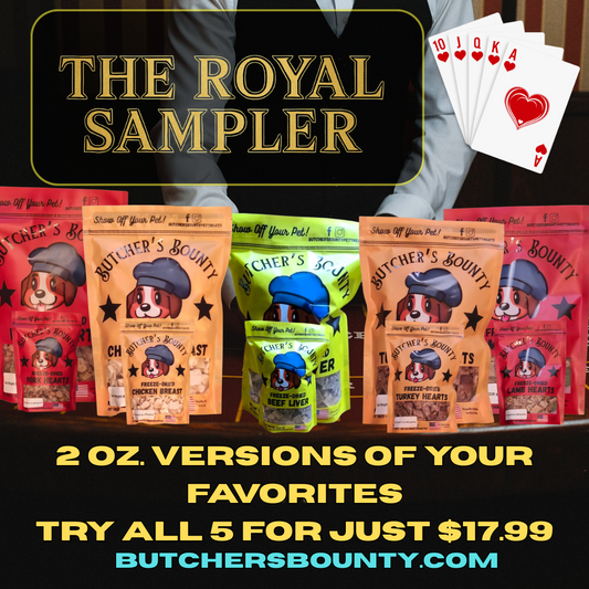Five colorful Butcher’s Bounty treat bags—Beef Liver, Chicken Breast, Turkey Heart, Pork Heart, and Lamb Heart—arranged on a blue background with bold text promoting The Royal Sampler for $17.99