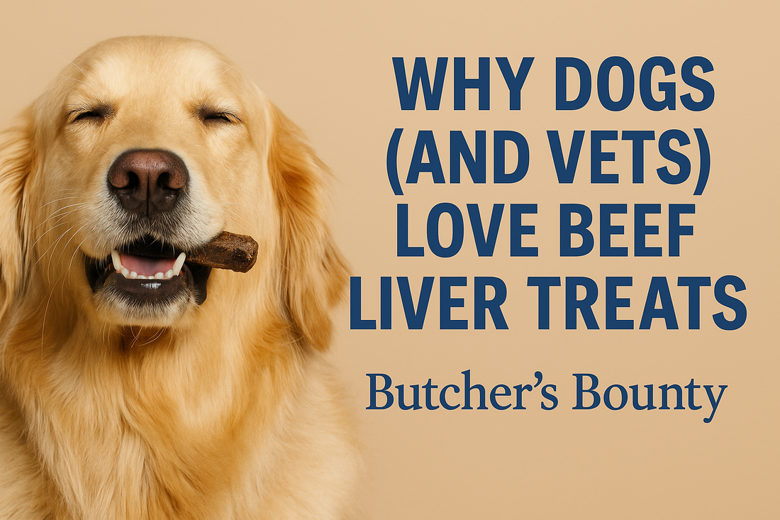 A happy Golden Retriever licks its lips in anticipation, sitting beside a pile of freeze-dried beef liver treats on a rustic wooden table. A butcher-style logo and bold text read: "Why Dogs (and Vets!) Love Beef Liver Treats."