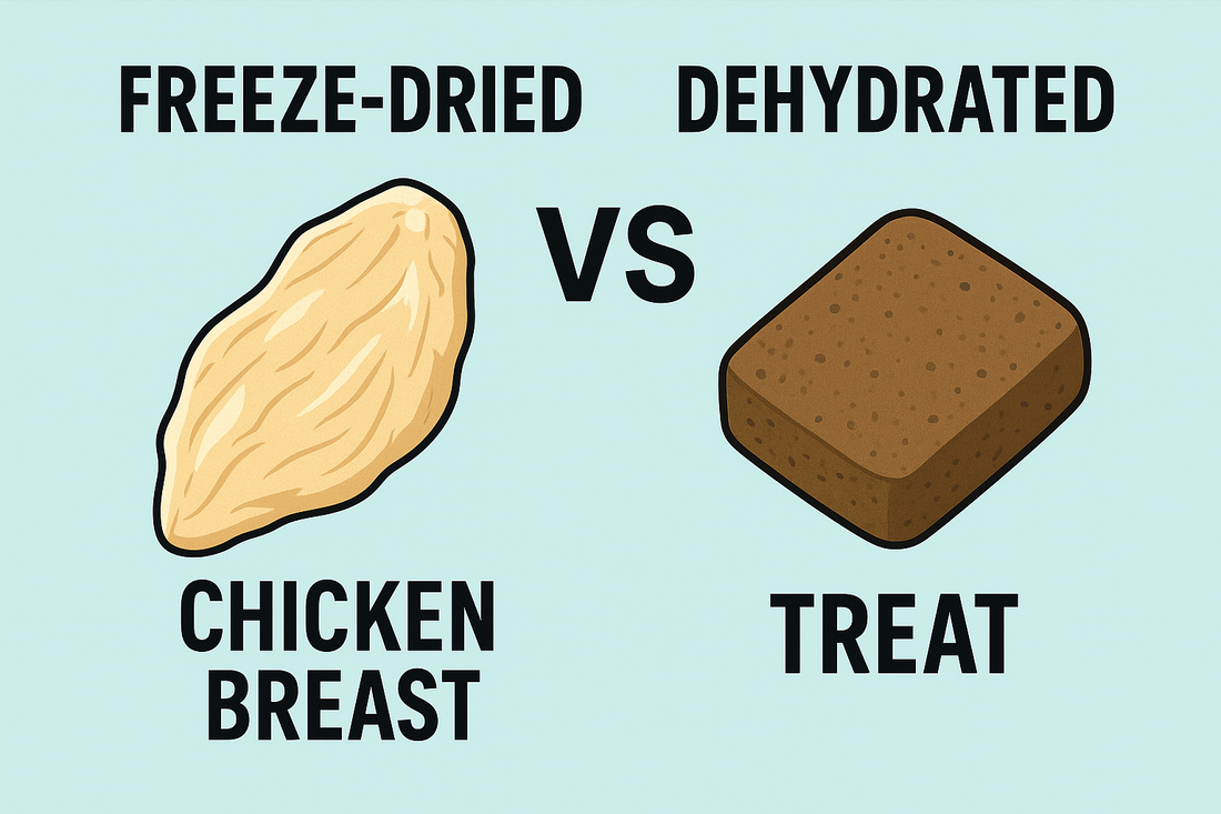 Illustration comparing freeze-dried and dehydrated pet treats, showing differences in texture, moisture, and nutrient retention
