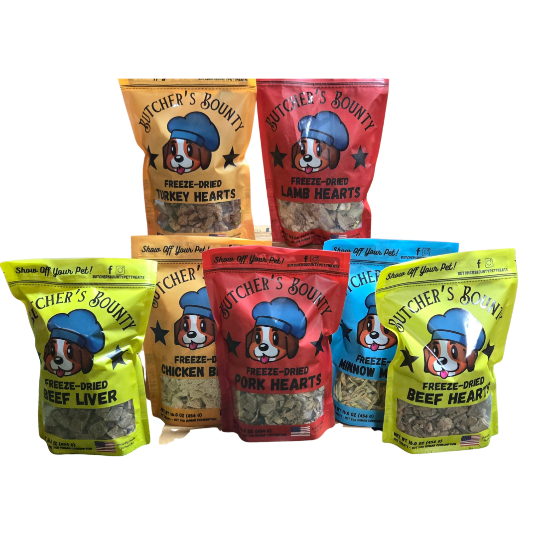 Butcher's Bounty Freeze-Dried SIngle Ingredient Pet Treats, including all of the most popular flavors
