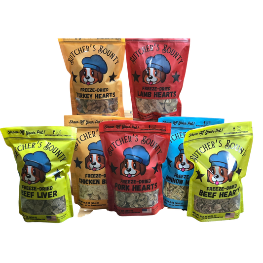Butcher's Bounty Freeze-Dried SIngle Ingredient Pet Treats, including all of the most popular flavors