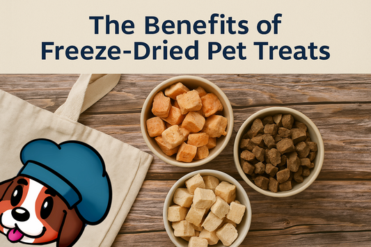 Freeze-dried pet treats from Butcher’s Bounty displayed with mascots and shop link