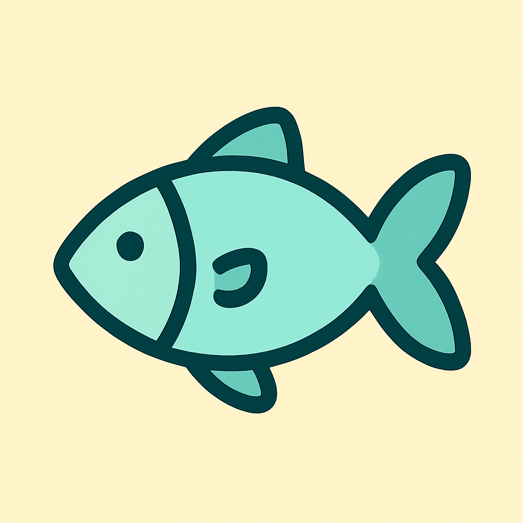 Minimalist fish icon symbolizing freeze-dried seafood treats like minnows, salmon, and shrimp for dogs and cats