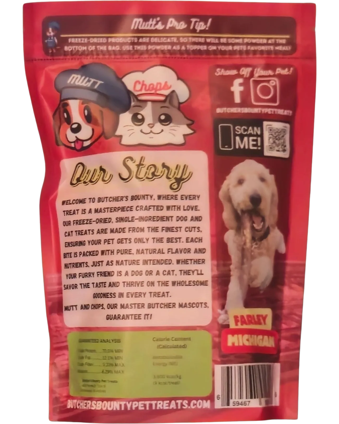 Nutrition label and ingredients for freeze-dried pork heart treats – 100% pork heart