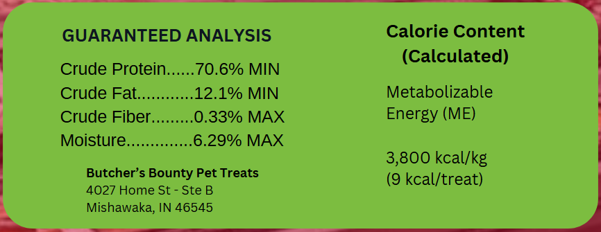 Guaranteed analysis panel and ingredients for freeze-dried pork heart dog and cat treats