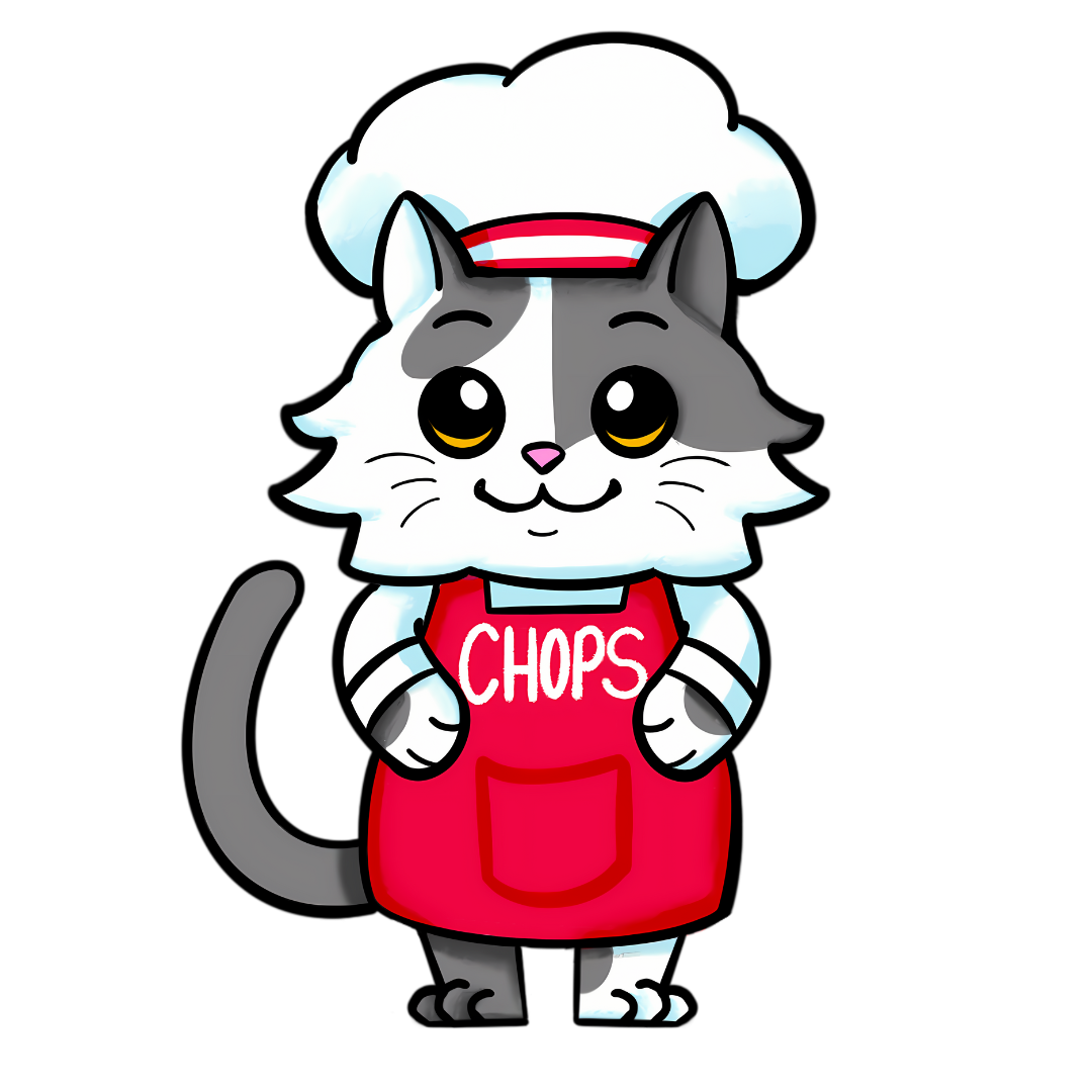 Chops the cat mascot of Butcher's Bounty wearing a red apron and chef hat, representing handcrafted freeze-dried pet treats
