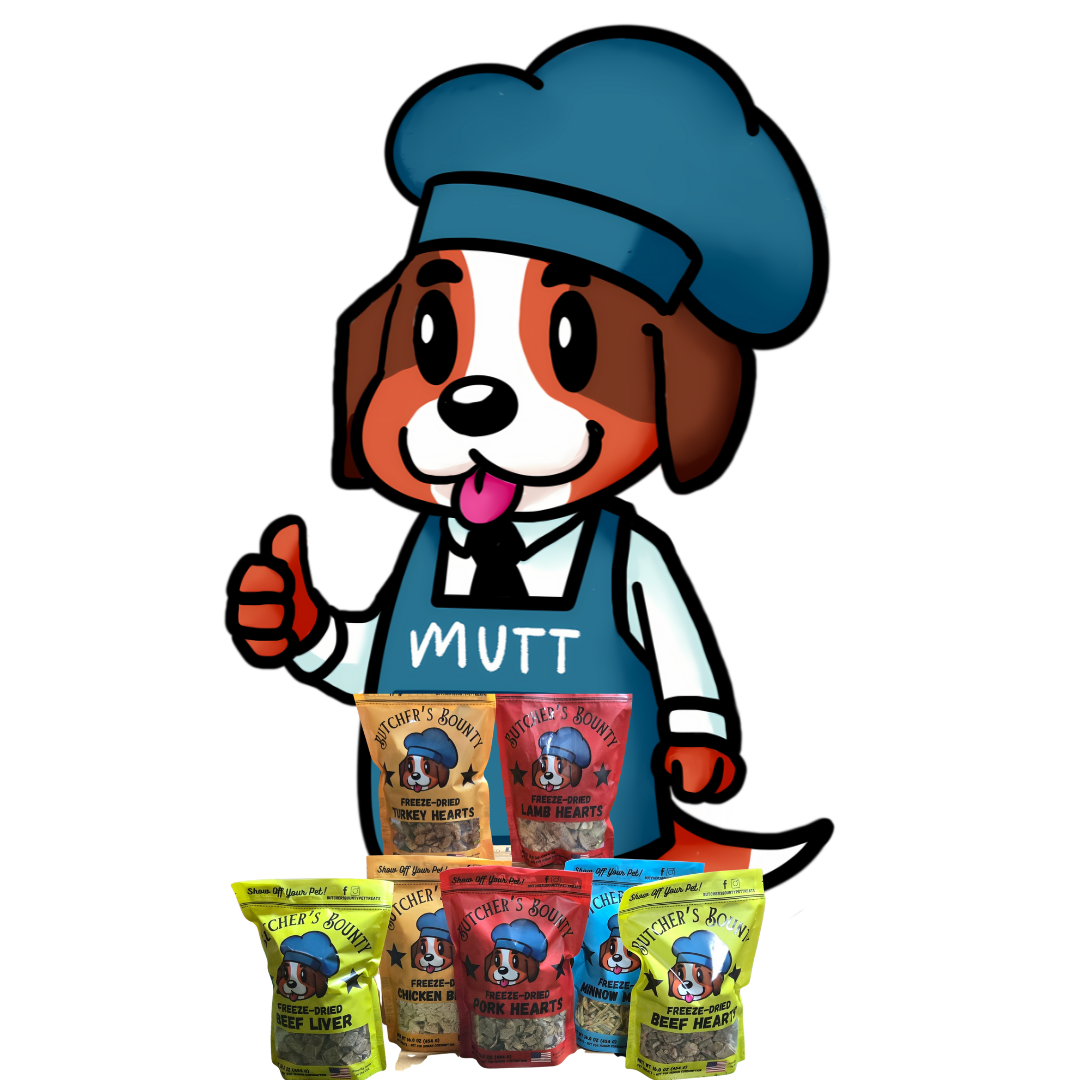 Mutt, the Butcher's Bounty Pet Treats Mascot, stands behind bags of Butcher's Bounty Pet Treats