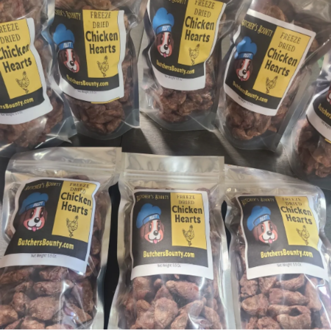 Multiple bags of Freeze-dried chicken heart pet treats in resealable bag – healthy dog and cat snack
